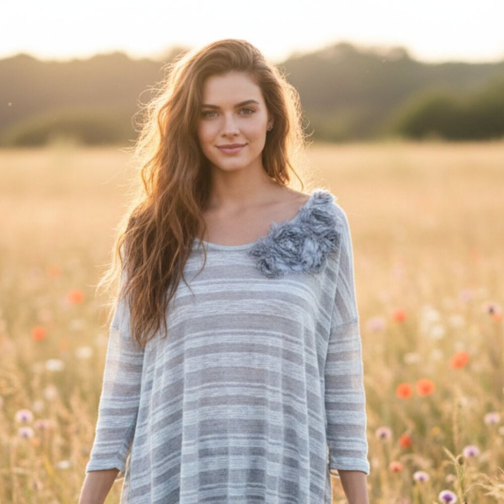 Blue Bird Gray Embellished Boho Top L Cottage Boho Casual Coquette Knit Womens